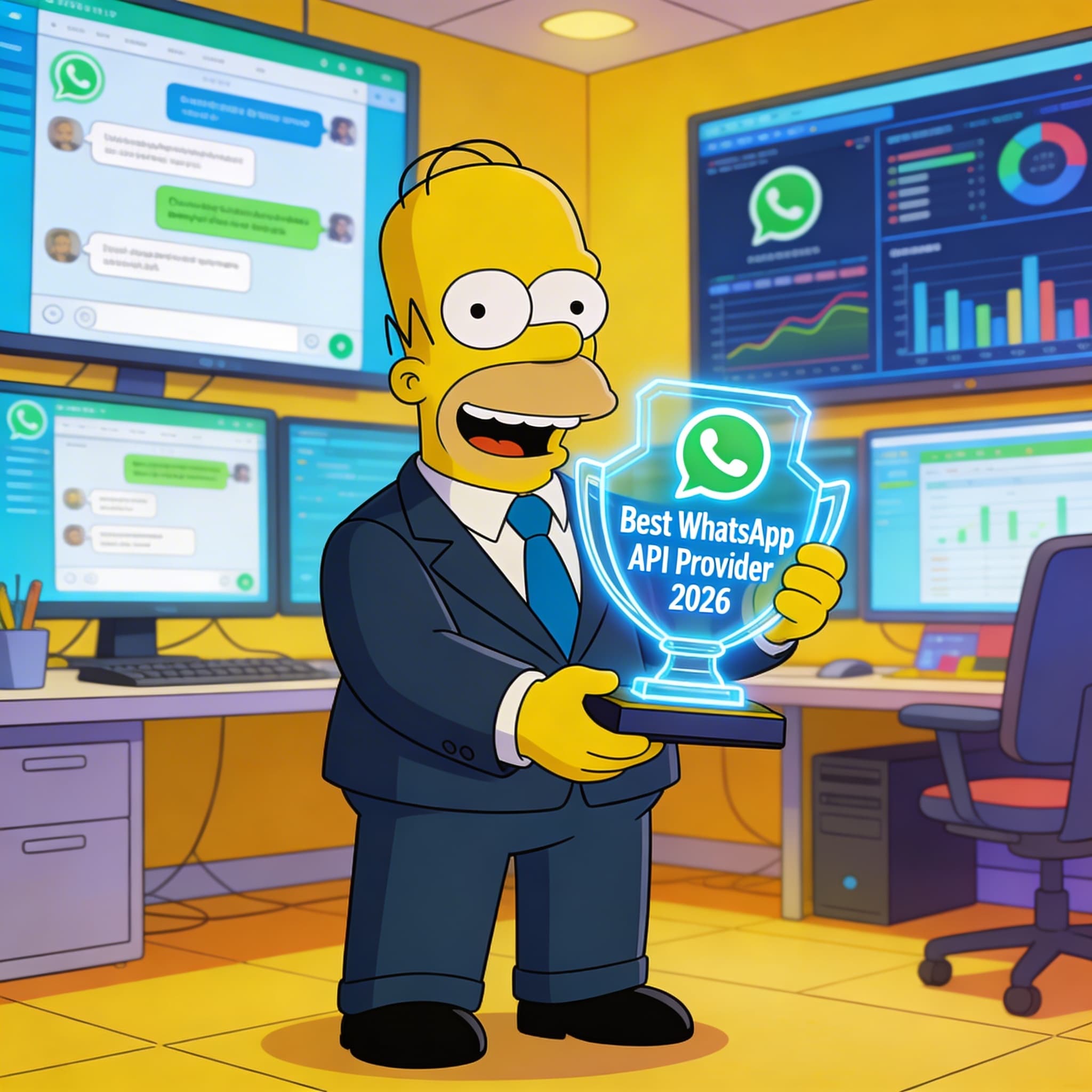 Cartoon-styled hero image of Lodgestory as the winner for Best WhatsApp API Provider 2026 with fun, tech atmosphere.