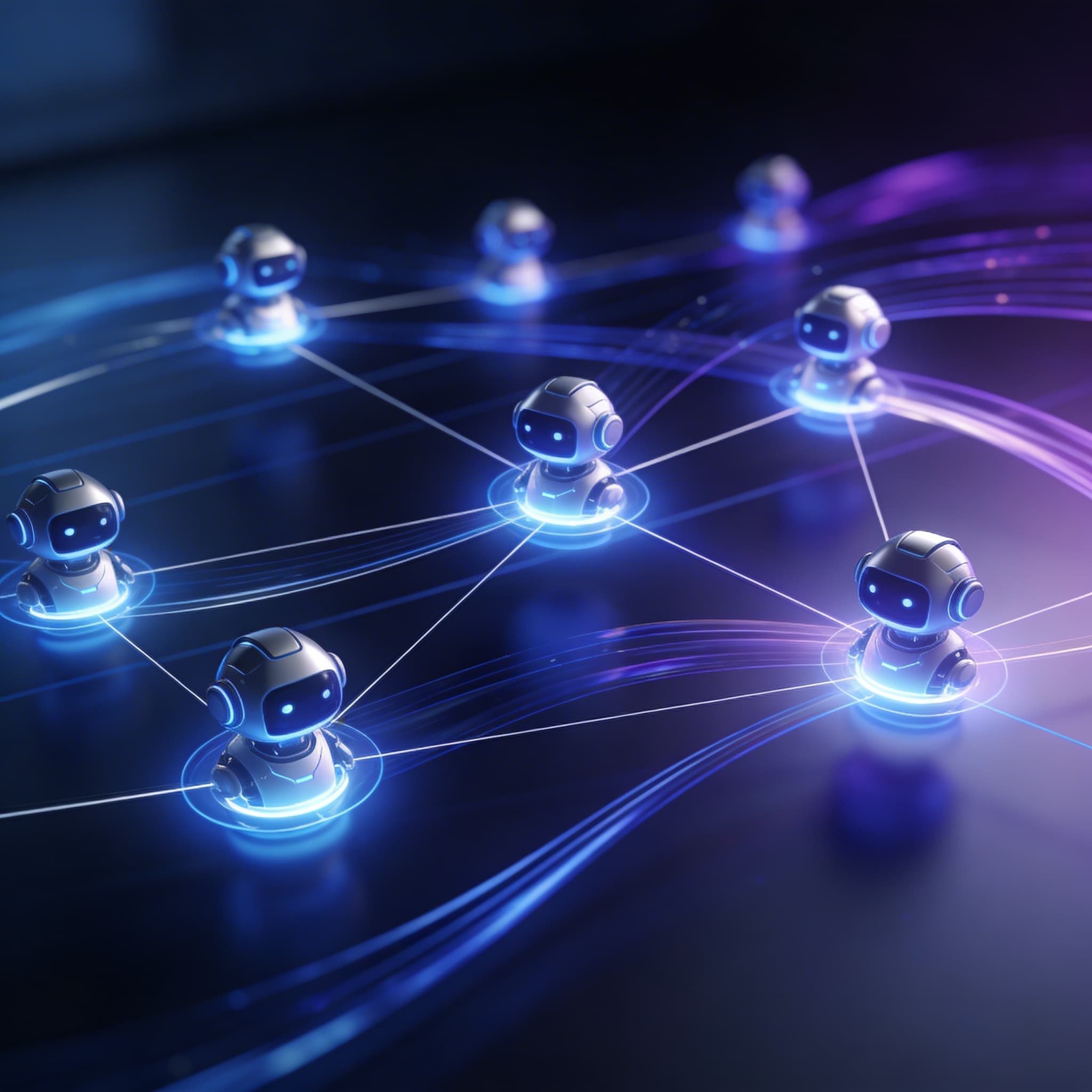Futuristic visualization of interconnected AI agents orchestrating customer journeys across a digital network.