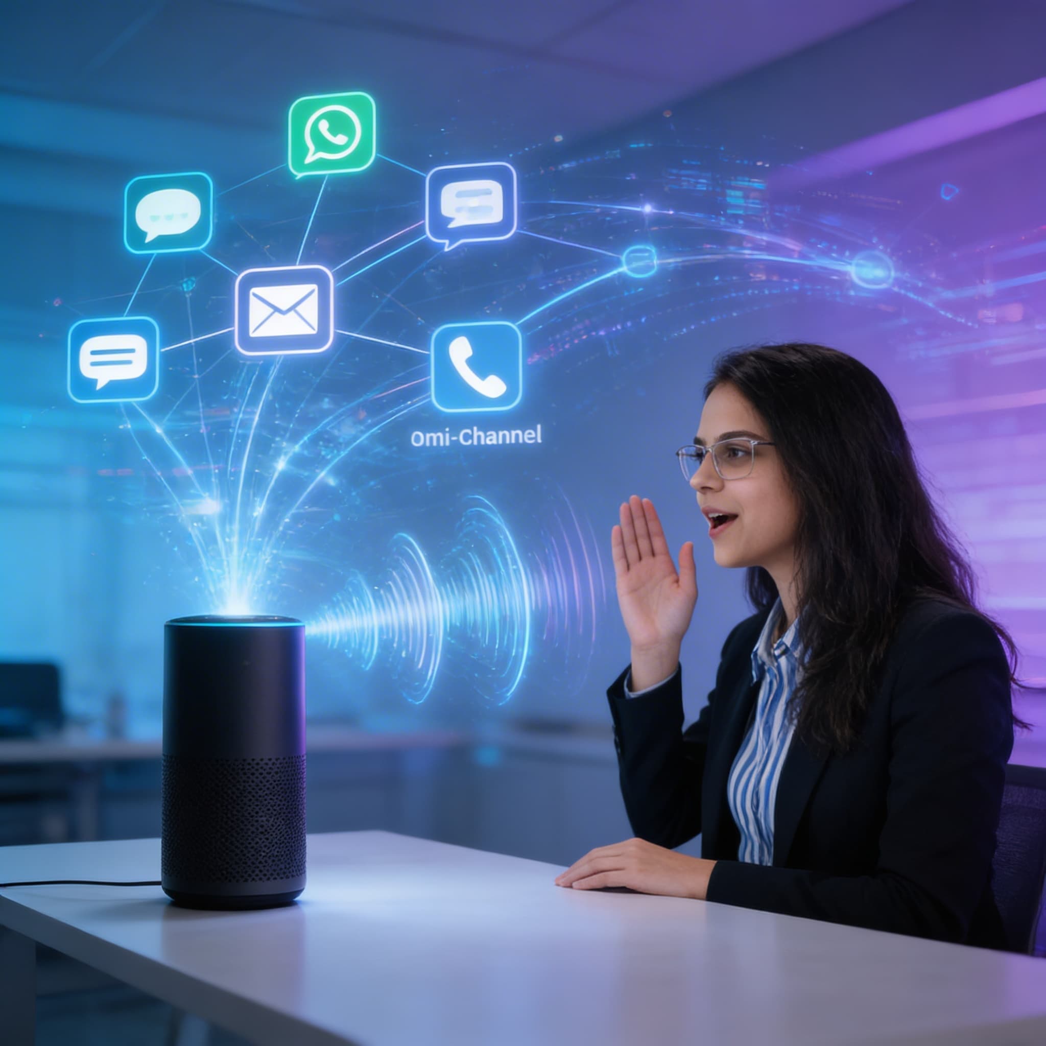 Person interacting with smart speaker surrounded by holographic AI and commerce network visuals representing voice commerce growth.