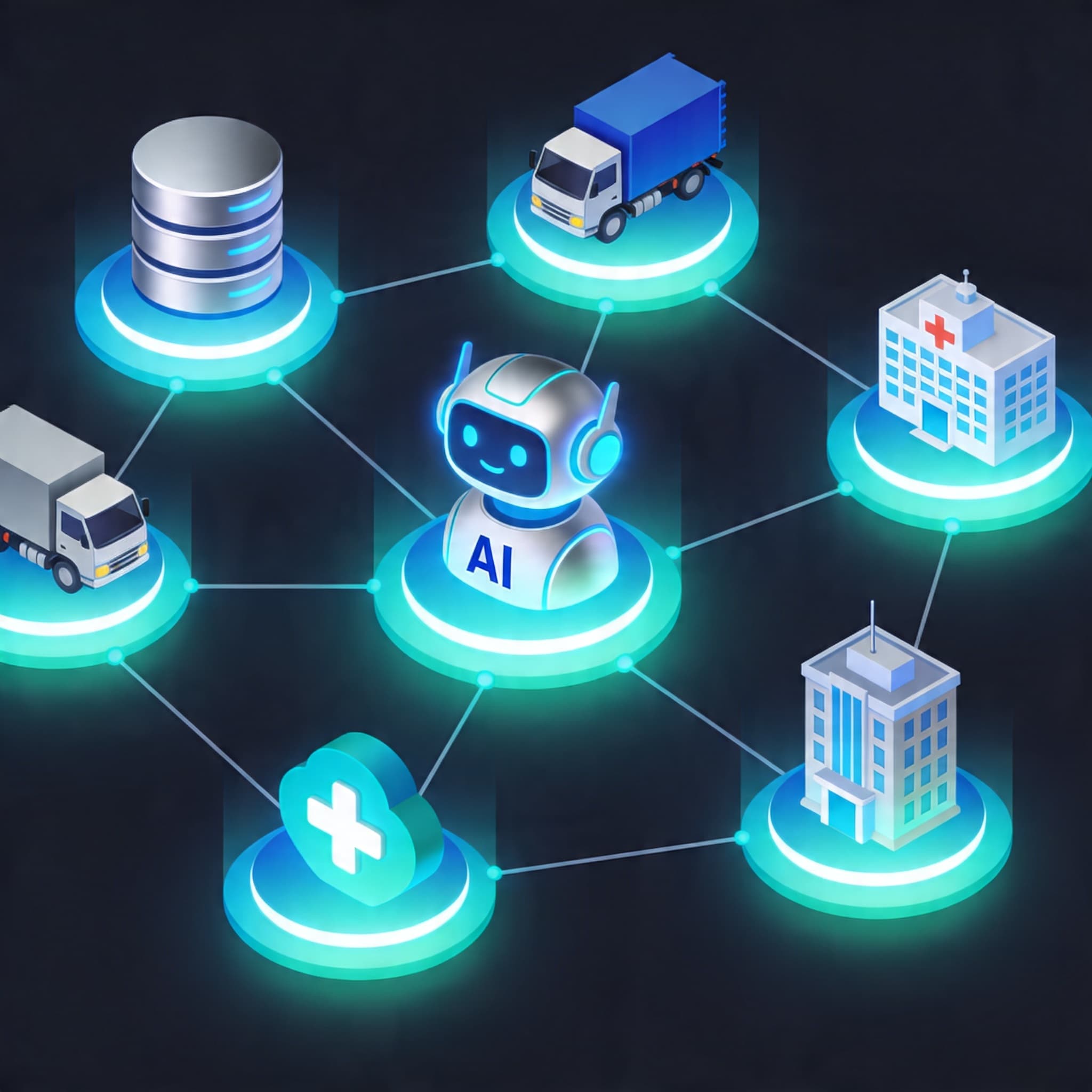 Conceptual isometric illustration showing AI agents connected to industry-specific systems like hotels, logistics trucks, and healthcare databases to symbolize contextual intelligence.