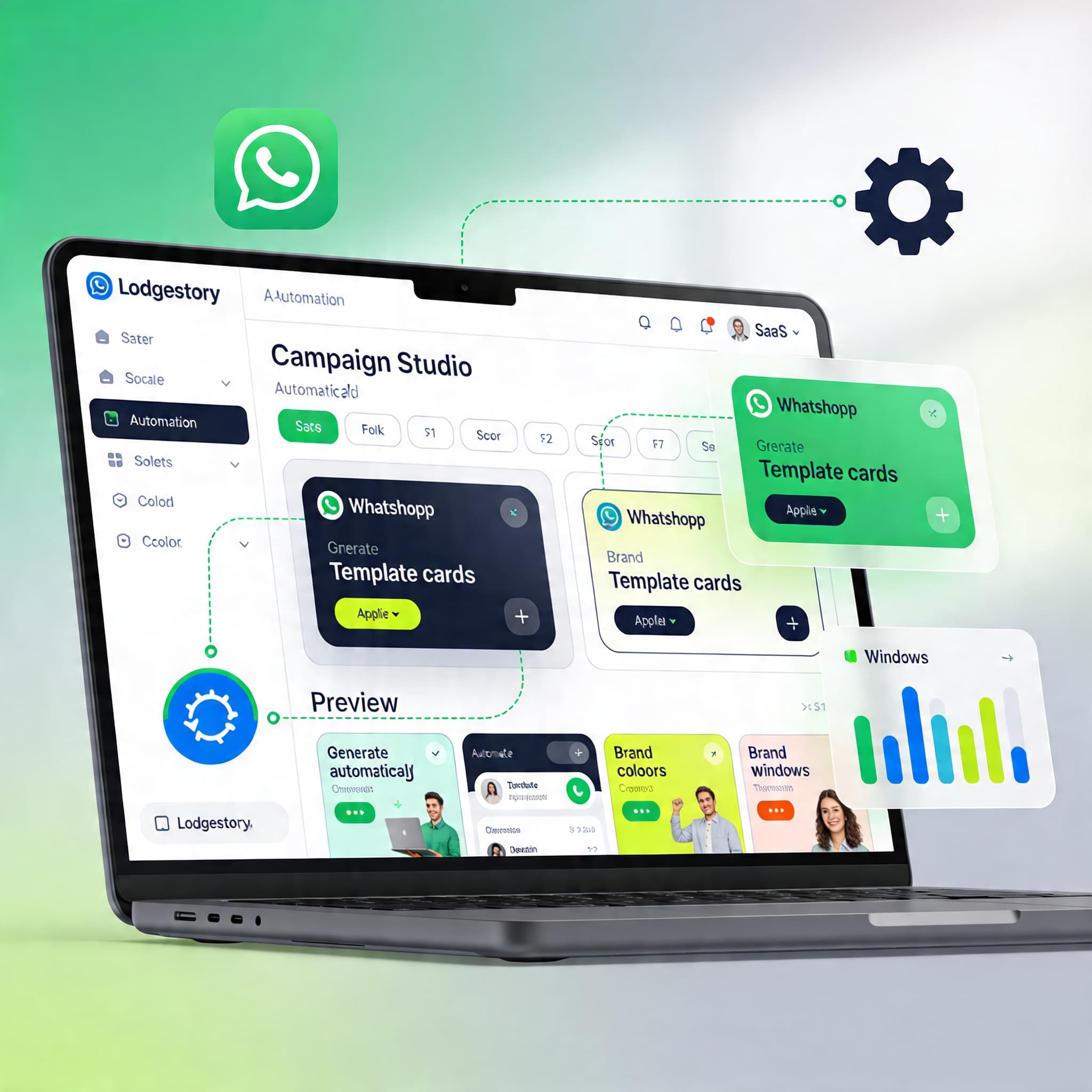 Illustration of the Campaign Studio dashboard showing AI-generated WhatsApp notification templates being previewed on a laptop.
