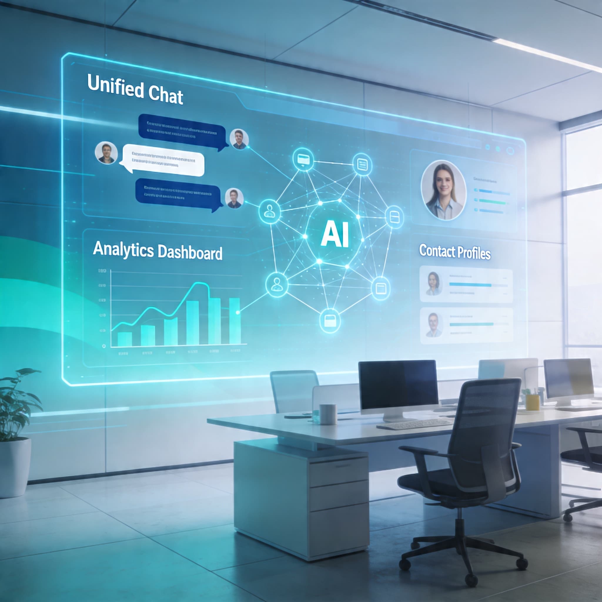 Futuristic AI-driven office interface visualizing unified CRM data and customer conversations across channels.