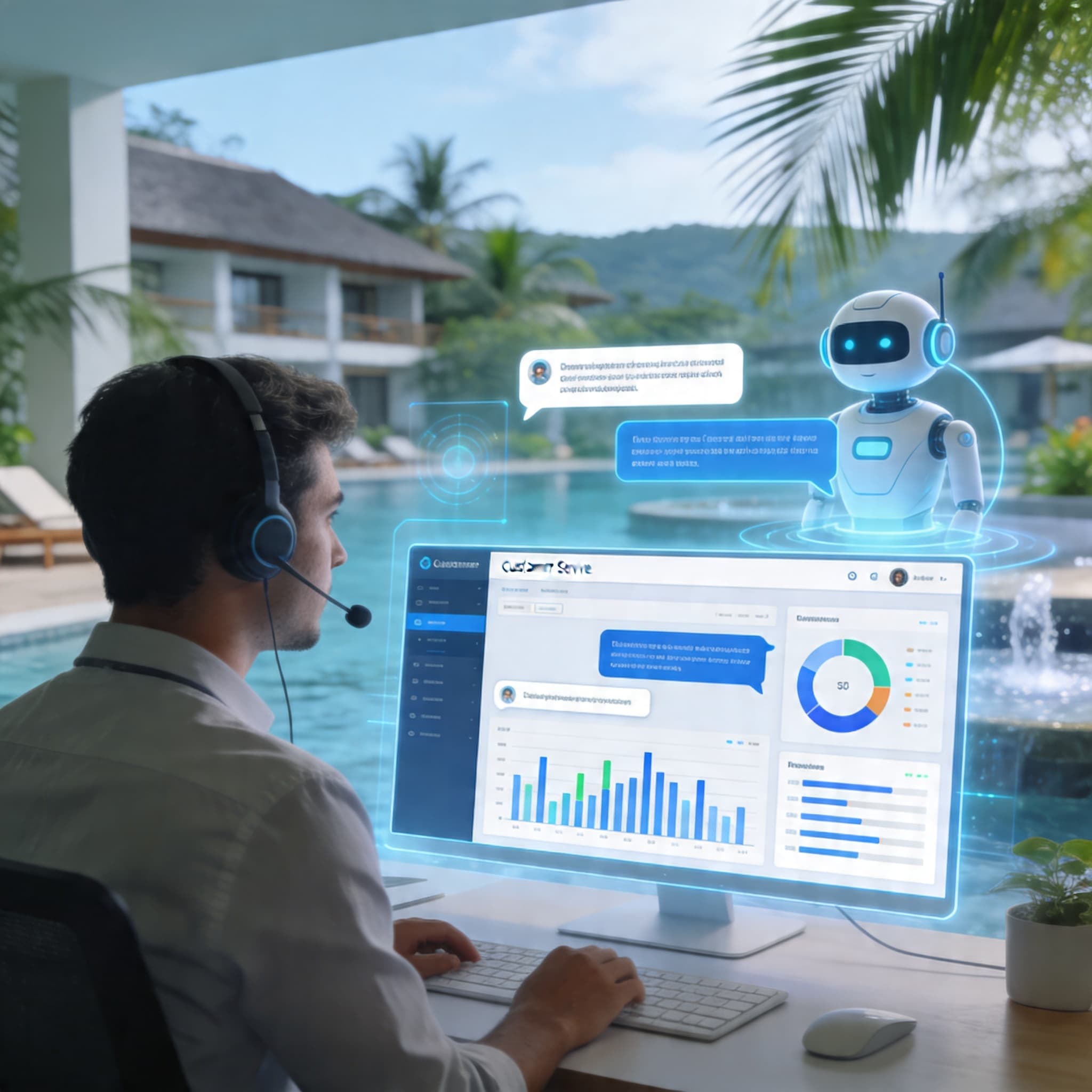 Hero image depicting AI-powered automation in a resort service context with digital dashboards and a resort background.