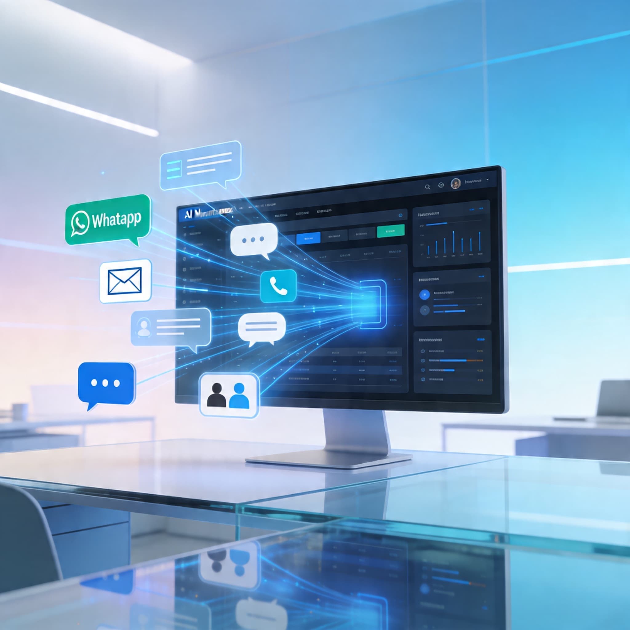 Modern workspace showing unified communication dashboard connecting multiple digital channels into one interface.