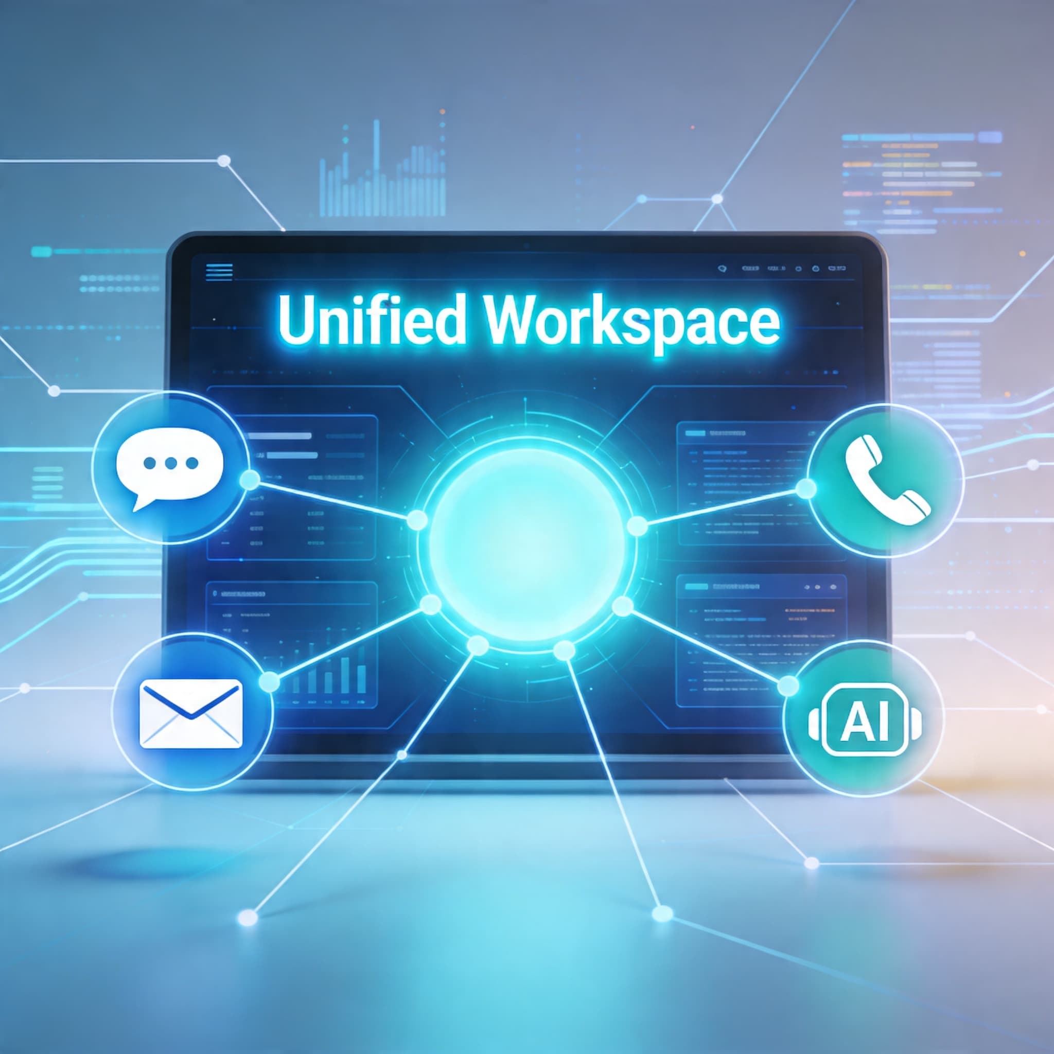 Omnichannel communication network converging into a unified digital platform dashboard, symbolizing Lodgestory’s all-in-one solution.