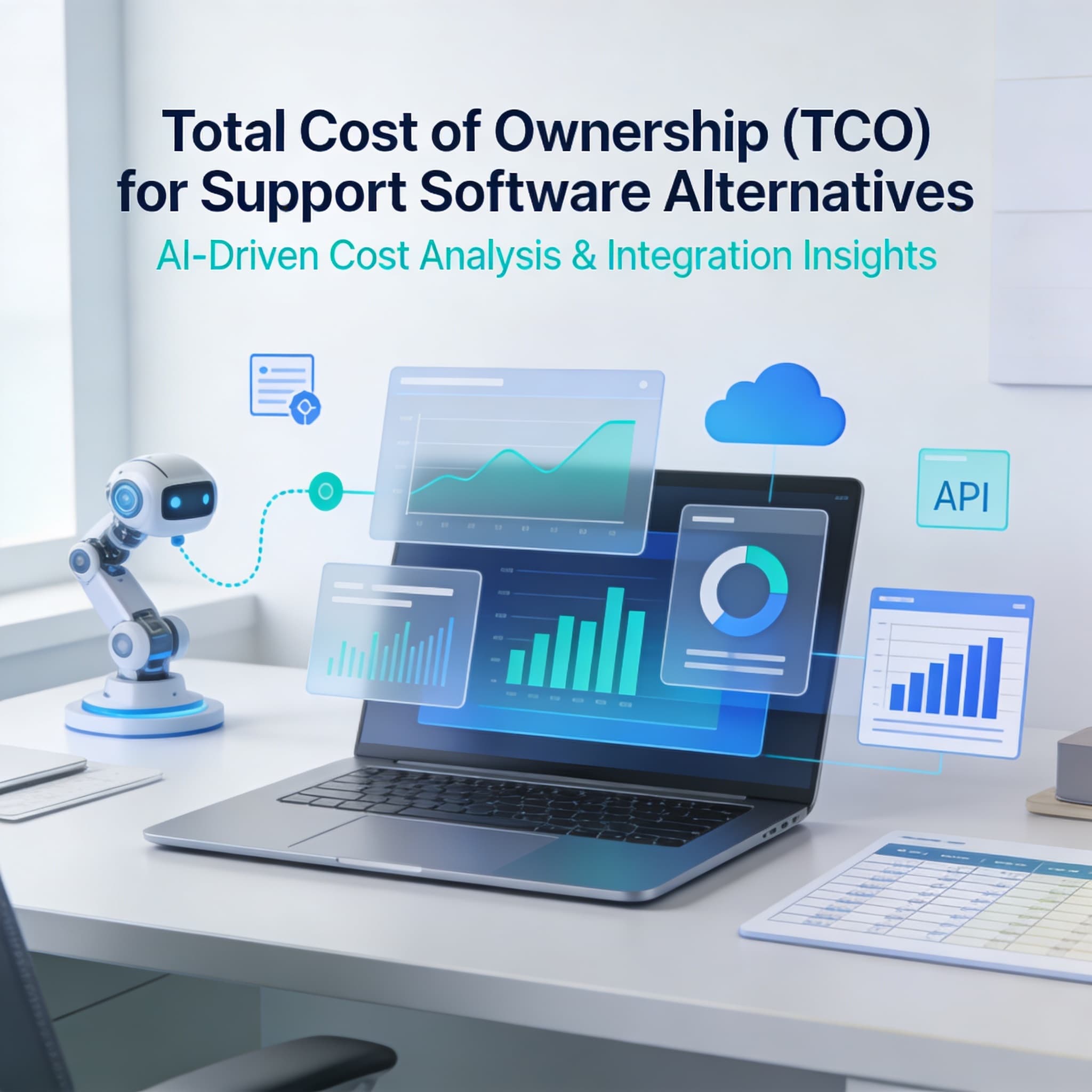 Illustration of total cost analysis for customer support software using AI and analytics visuals