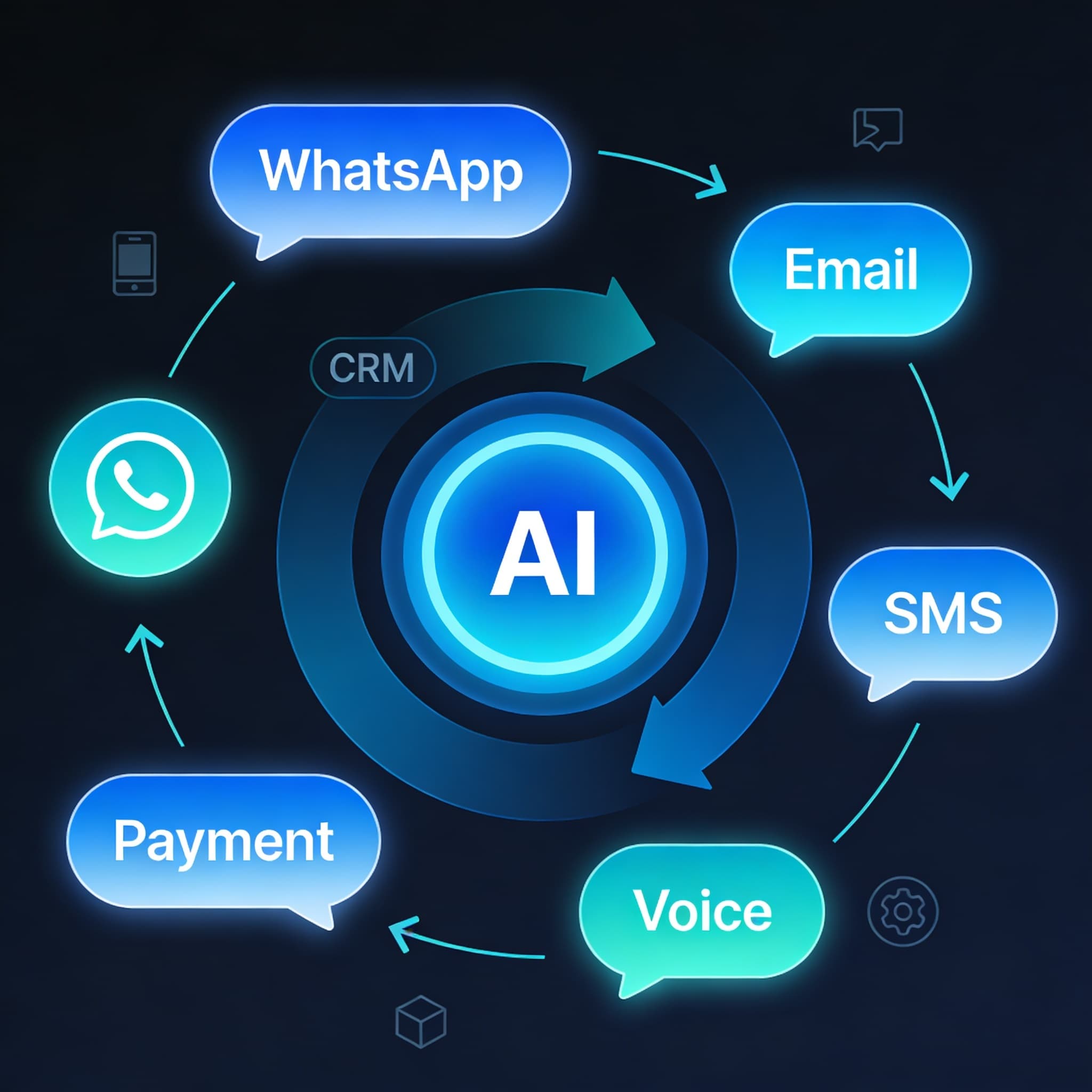 Illustration showing AI agents managing multiple communication channels such as messaging, email, and voice in harmony.