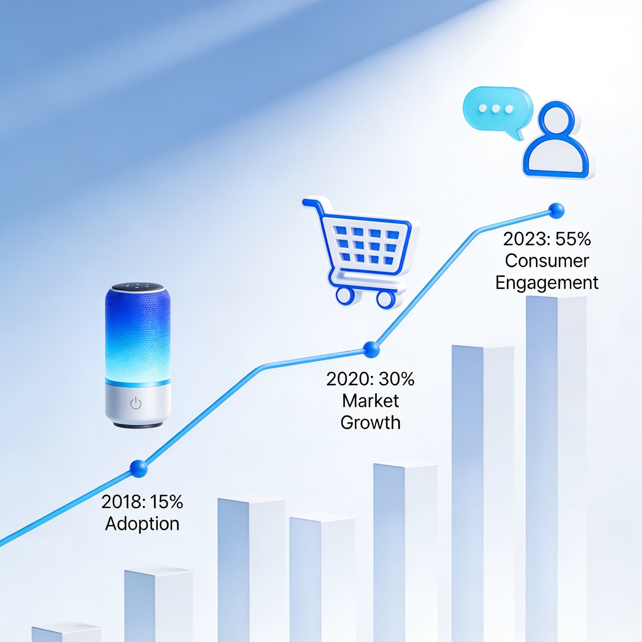 Infographic-style image visualizing the rapid growth of voice commerce with charts and icons of voice assistants and eCommerce elements.